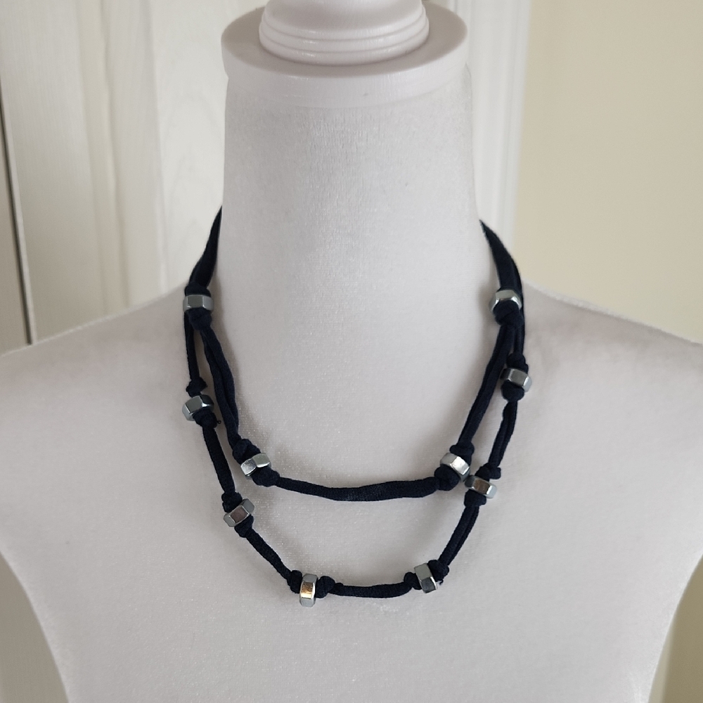 Elegant Dark Navy and Silver Nut Industrial Necklace